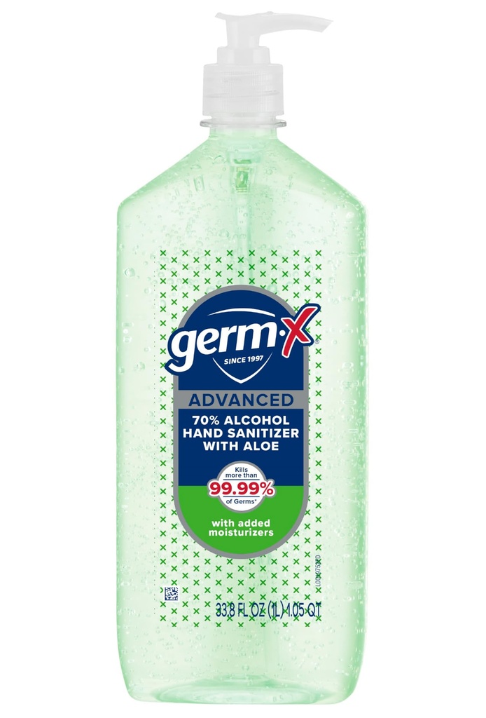 Germ-X Advanced Hand Sanitizer cu Aloe și vitamina E, Gel non-Drying hidratare, Instant și fără formulă de clătire, Pump Bottle, Înapoi la produsele școlare, 1 Litera