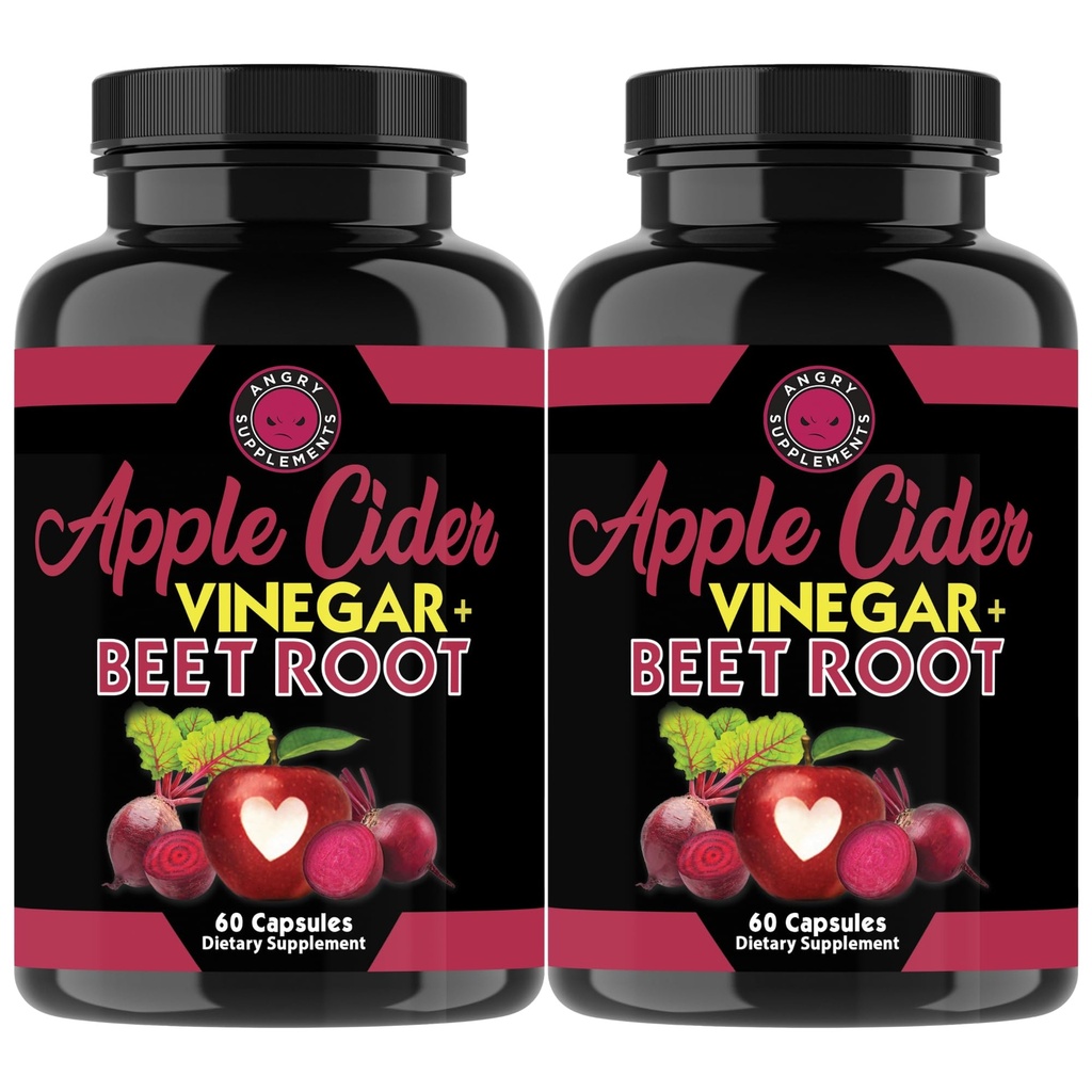 Angry Supplements Apple Cidru Oţet + Root Powder Capsule, Pure ACV Beetroot 1000 mg per Serving, Nitric oxid Booster & Digestive Health for Men and Women 60ct, 2 Pack (120ct Total)