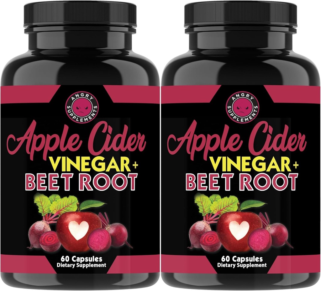 Angry Supplements Apple Cidru Oţet + Root Powder Capsule, Pure ACV Beetroot 1000 mg per Serving, Nitric oxid Booster & Digestive Health for Men and Women 60ct, 2 Pack (120ct Total)