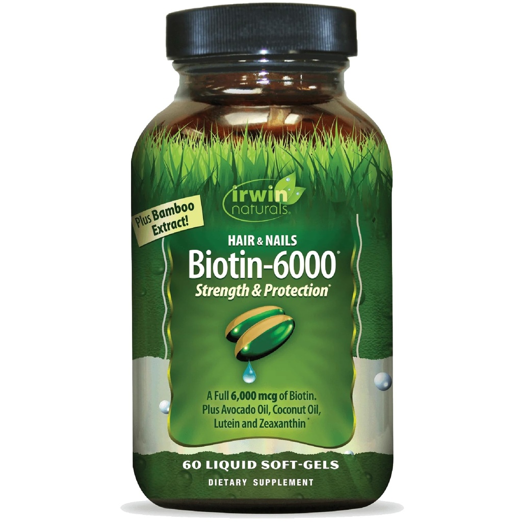 Irwin Naturals Biotin-6000 Sustine sanatoasa piele, par si unghii - 60 Softgels lichid - Putere + Protectie cu potenta mare 6000 mcg, Bambus, Avocado, Coconut & More - Absorbtie maxima