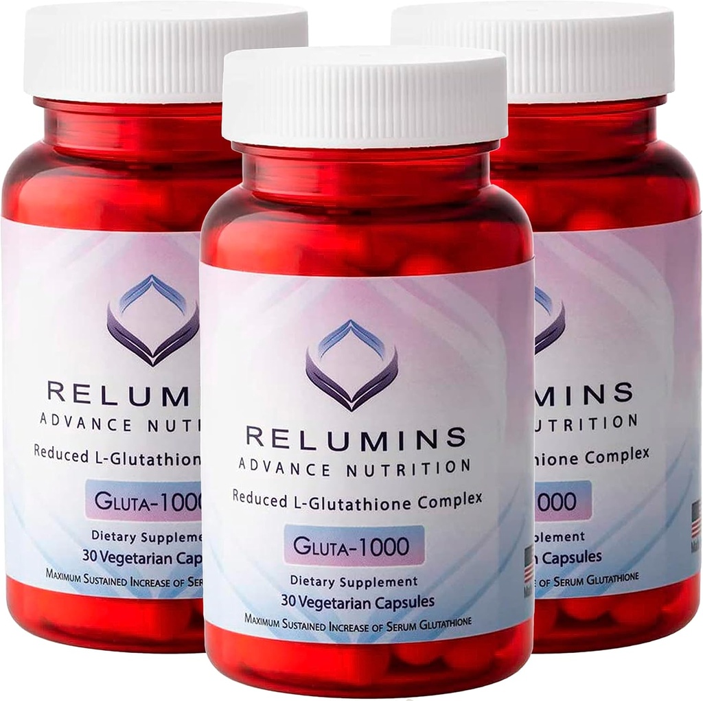 Relumins Advance Nutrition Gluta 1000 - Reducere L-Glutatione, Alpha Acid lipoic & Rose HIPS, Suport antioxidant pentru Skin & Global Wellness, Made in USA - 30 Capsule x 3 Flacoane (45-Day Support)
