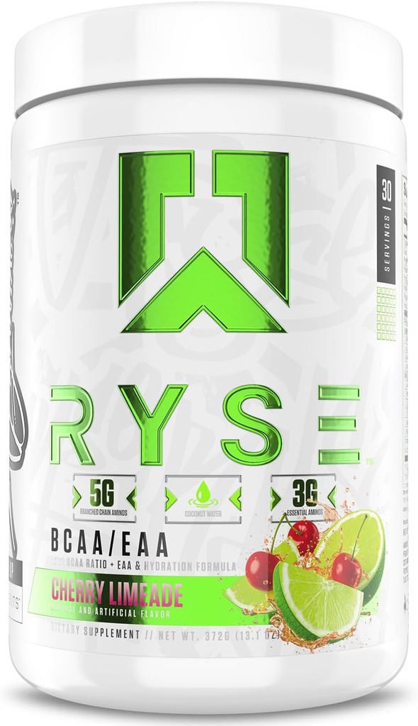 RYSE BCAA EAA Powder - Cherry Limeade - 5g lant ramificat Aminoacidi, 3g Aminos esential, Electroliti de zahar-gratuit pentru recuperare musculara Pre & Post, Hidratare si Putere - 30 Serviri