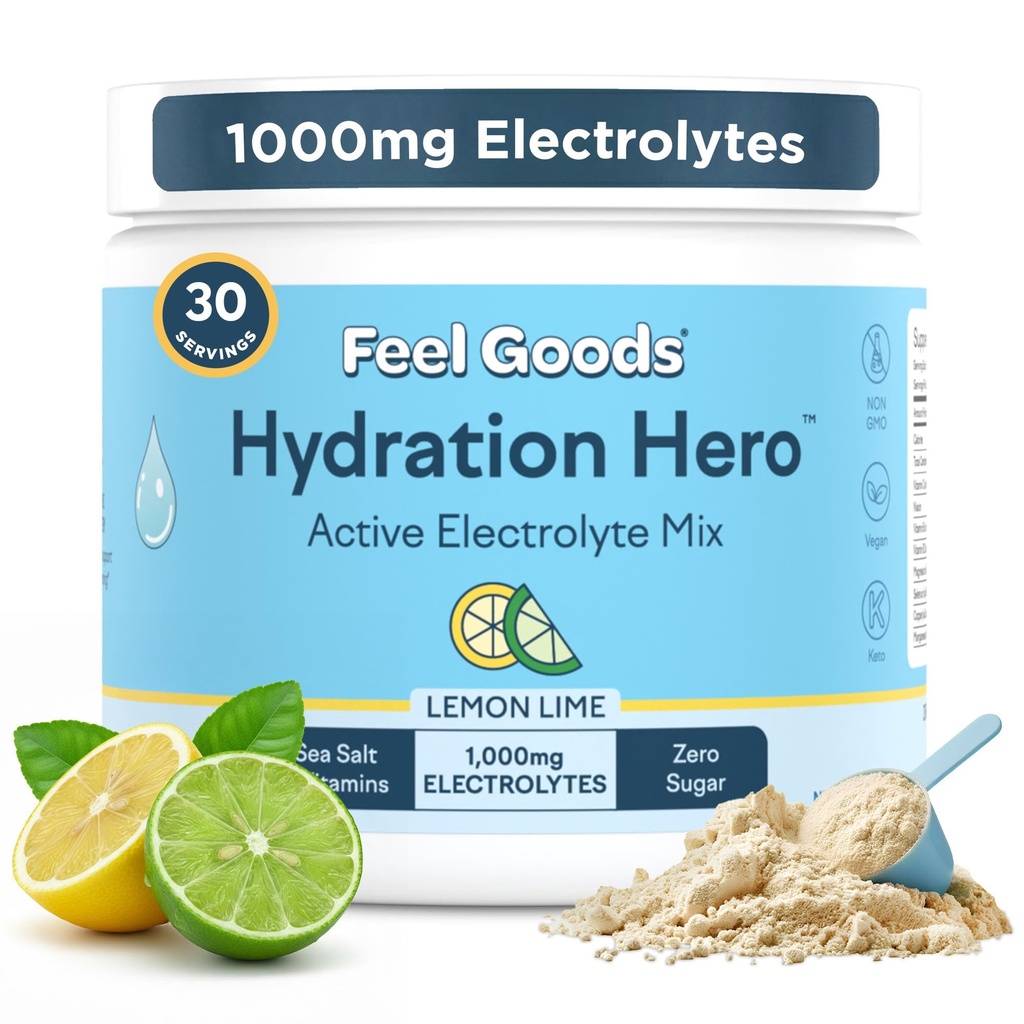 Feel Goods Hydration Hero, 1000 mg Electrolytes Powder, Sugar Free, Magneziu, Organic Aloe Vera, Organic Aloe, L Theanine, Vitamina C & B12, Non GM, Keto, Vegan Lămâie, 30 Serviri