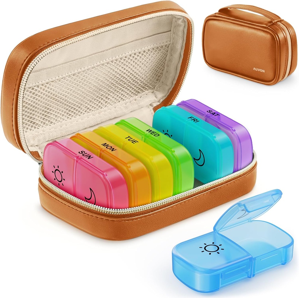 Auvon Weekly Pill Organizator 2 ori pe zi cu PU sac din piele, Travel AM PM Pilula cutie 7 zile cu o singură side mare de design de deschidere pentru umplere ușoară, caz de pastila portabil pentru vitamine, medicamente, suplimente