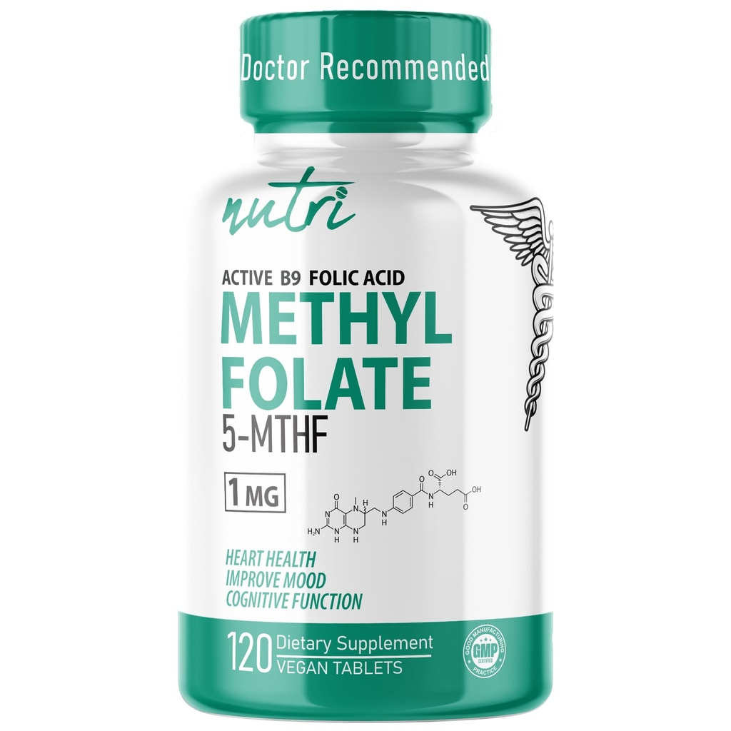 Nutri 5-MTHF L Methylfolat 1MG - 4 Luna de aprovizionare, 120 Vegan comprimate - metilat Folate Supliment - Functie cognitiva, Heart Health, Prenatal Support - 3rd Party Testat - NSF Certificat Facility