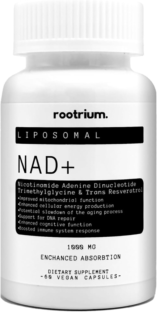 Rootrium Liposomal NAD+ 1000mg cu Resveratrol & TMG - Trei în One Enhanced Energy, DNA Reparation & Anti-Aging Formula - Boost Brain Function & Cellular Health, 60 Vegetarian Capsule