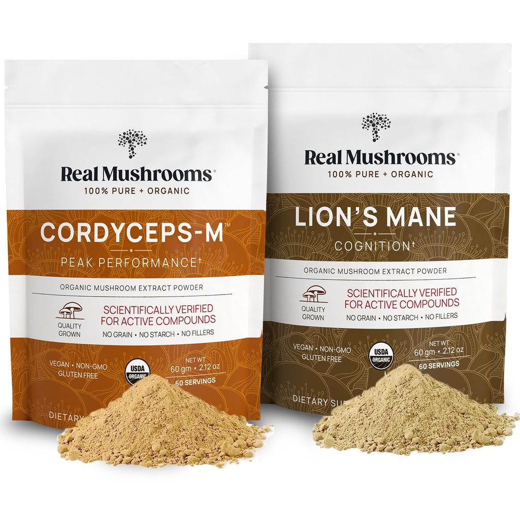 Lions Mane (60g) și Cordyceps (60g) Mushroom Extract de praf Bundle - supliment de ciuperci pentru cunoaștere, energie și perseverență