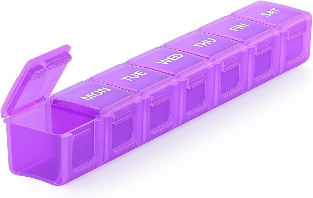 Sukuos Extra Large Weekly Pill Organizator, 7 Day Daily Pill Box Case Artrită prietenoasă, Silkscreen Printed Medicine Container cu Lid clar pentru vitamine, uleiuri de pește sau suplimente (Purple)