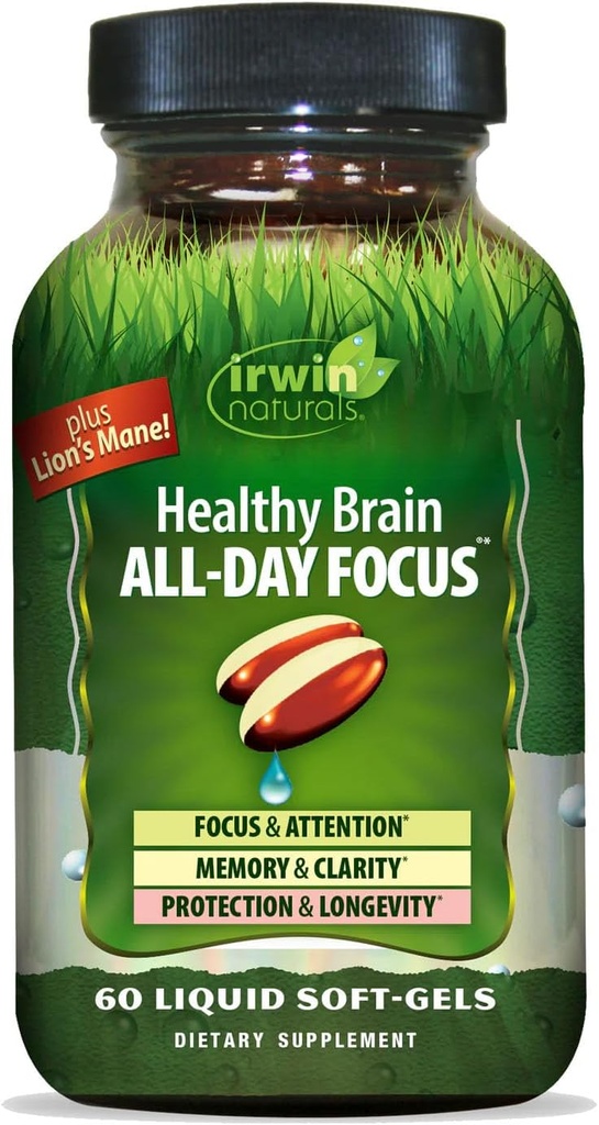 Irwin Naturals Healthy Brain All-Day Focus - 60 Liquid Soft-Gels - Boosts Mental Performance & Promotes Long-Term Brain Health - 30 Servings