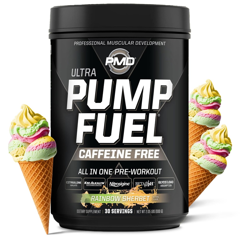 MPD Sport Pompă de combustibil Ultra Cafeina Gratuit - Premium Pre Workout pulbere si pompa musculara, Focus mai mare, Endurance & Recovery, Creatina Premium, Arginine & Beta Alanine - Rainbow Sherbet (30 Servings)