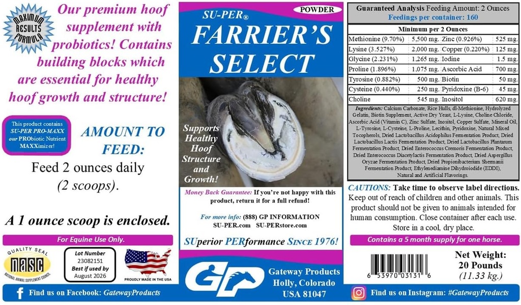 SU-PER Farrier's Select Hoof Supplement - Cai Premium Hoof Care Supplement with Probiotics - Healthy Hoof Growth - 20 Lire, 5 Luna de aprovizionare