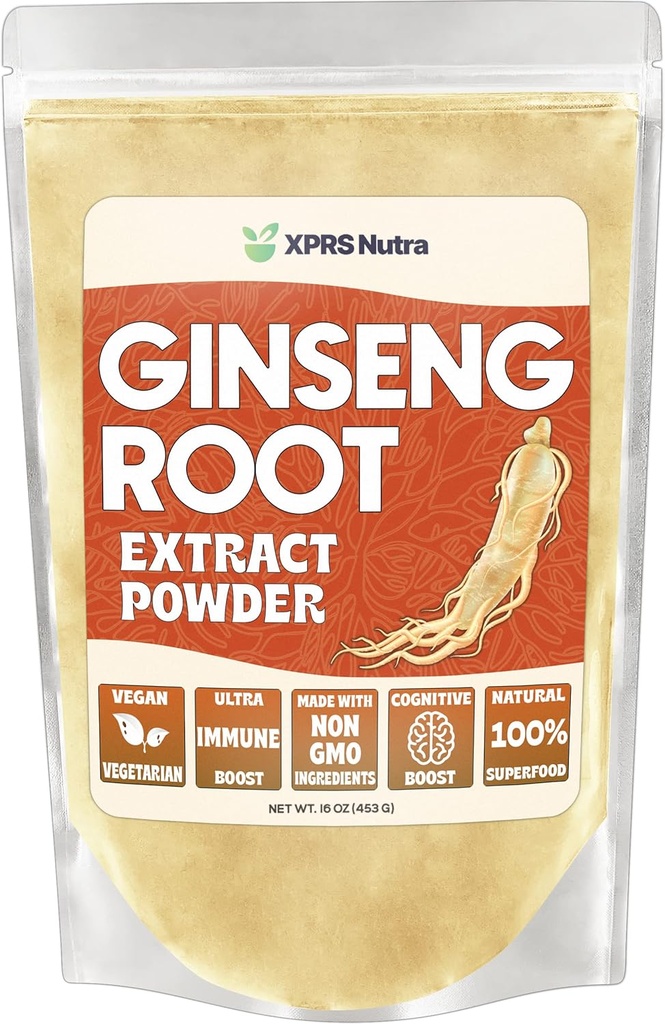 XPRS Nutra Ginseng Root Extract pulbere - Ginseng pulbere suportă funcția cognitivă, performanța fizică și sistemul imunitar - Vegan prietenos Panax Ginseng în formă de pulbere (16 Ounce)