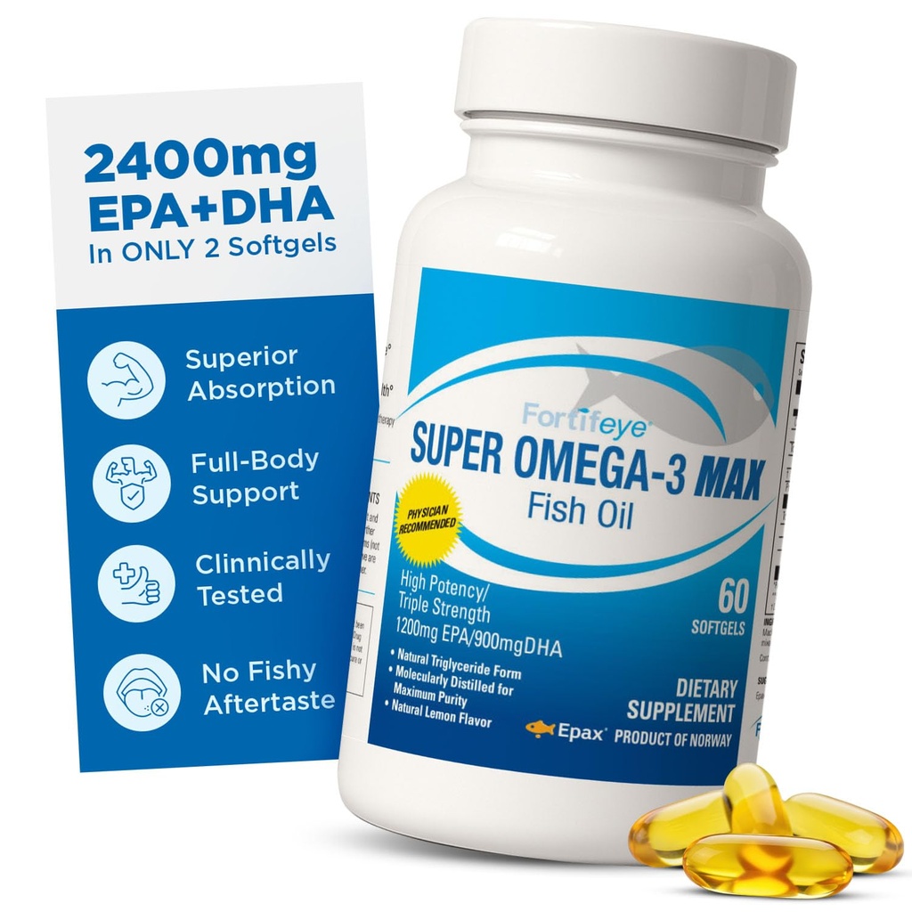 Super Max Omega-3 Ulei de pește 2400 mg Made in Norway - ulei de pește de mare potențial Omega 3 Suplimente pentru femei și bărbați, Trigliceride Formular cu EPA și suplimente DHA Nu Fishy După gust de aromă de lamaie
