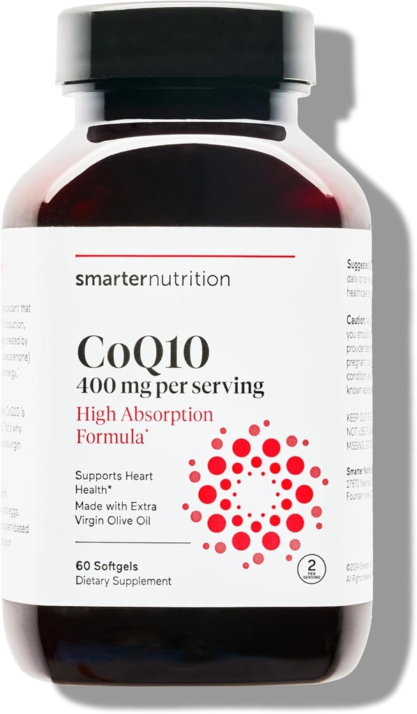 SMARTERNUTRIŢIE CoQ10 400 mg Absorbţie mare - Ubichinonă fermentată natural w/Organic ulei de măsline presat la rece - pentru sănătatea inimii, energie celulară - non-GMO, gluten gratuit - 60 Conte[30-zi de aprovizionare]