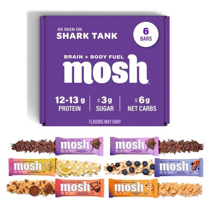 MOSH Variety Pack Keto Proteine Baruri, High Fiber, Low Carb, Gluten gratuit, Proteina mare, Brain sănătos Snack cu Ashwagandha, Lion's Mane, 6 Conte