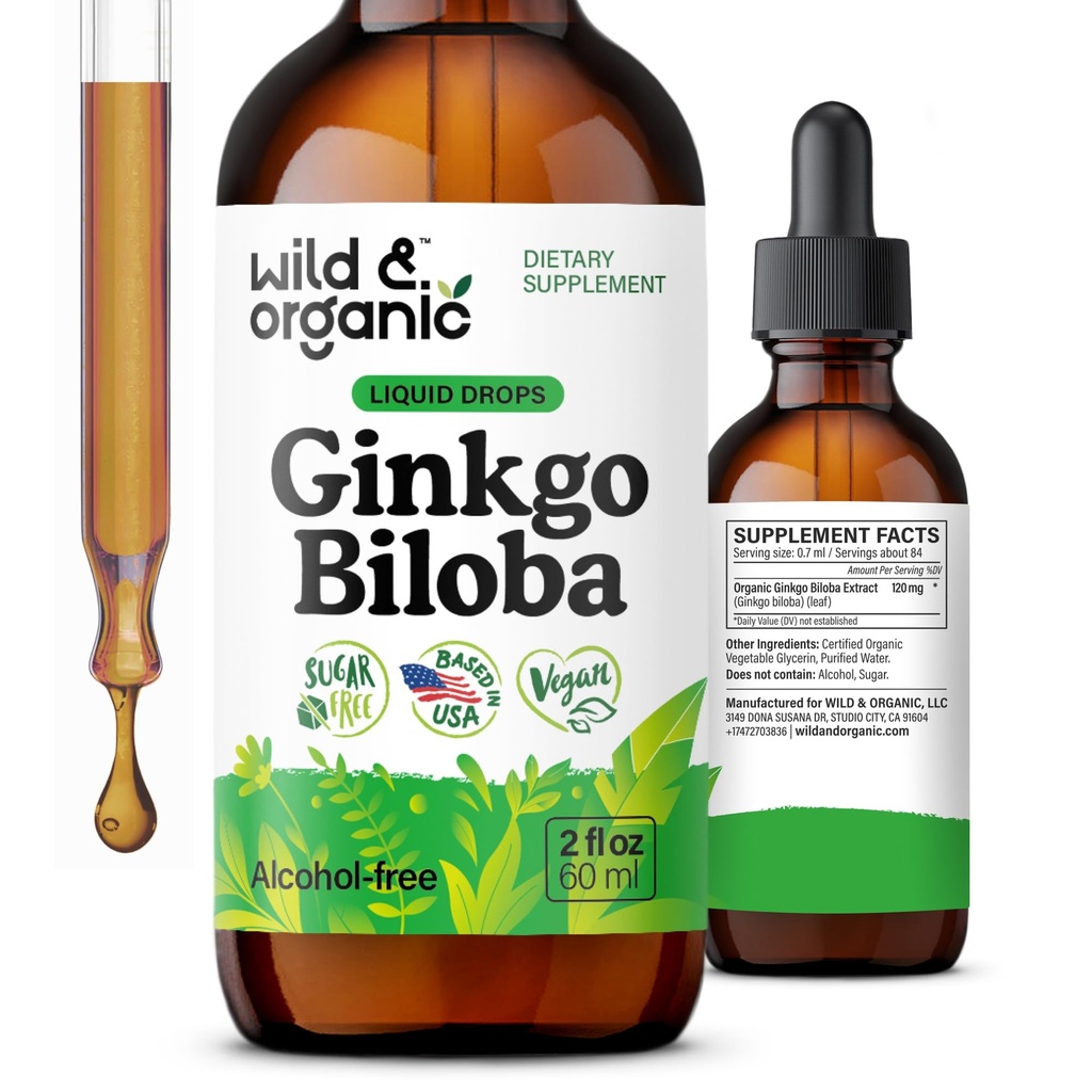 Wild & Organic Ginkgo Biloba Tincture - Brain & Focus Supplement cu Ginkgo Leaf - Vegan, Sugar & Alcohol Free Herbal extract Tincture - 2 fl oz