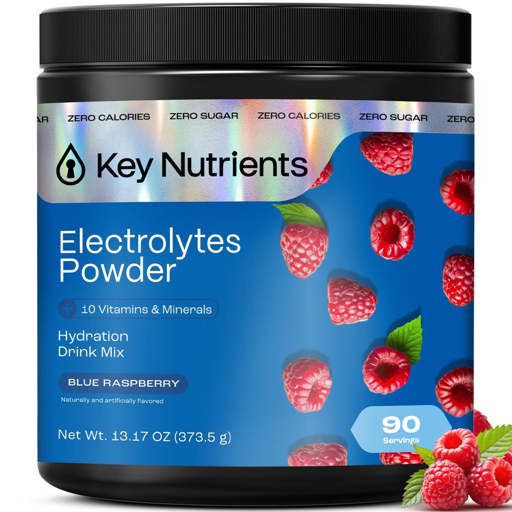 NUTRIENTE KEY Multivitamine Electroliti Pulbere fără zahăr - dulce albastru zmeură Electrolit pulbere - Rezistență și supliment energetic - Pulbere de hidratare - Fără calorii - 90 Serviri - Made in USA