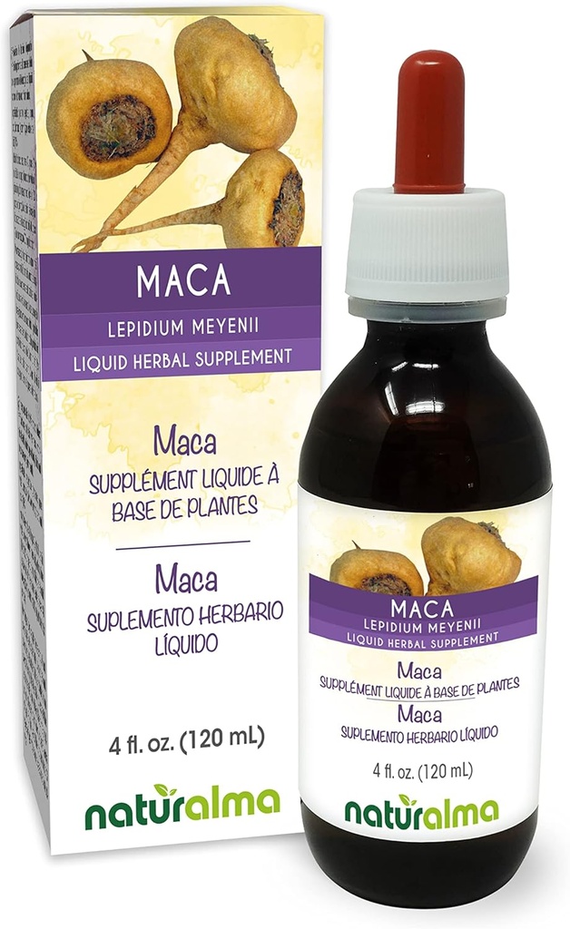 Naturalma Maca or Peruvian Ginseng (Lepidium meyenii or L. peruvianum) Root Alcohol-Free Tincture - 4 fl oz Liquid Extract in Drops - Herbal Supplement - Vegan