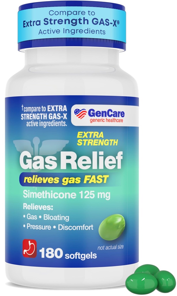 GenCare -Extra Putere de gaz Relief Simethicone 125mg (180 Softgels) Putere maximă anti-gaz pastile pentru eliberare de aer, presiune și discomfort - Comparați cu Generic Extra Putere gaz X
