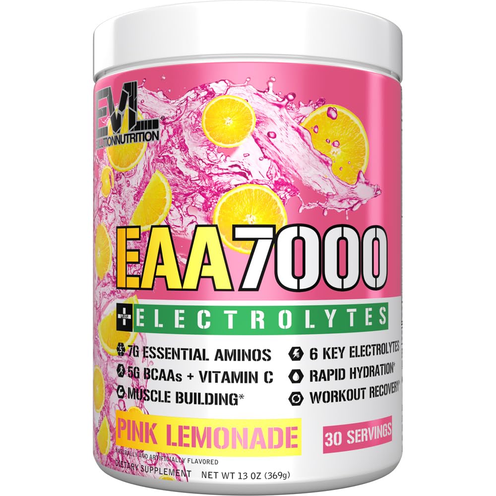 Evlution Nutrition EAA7000 + Electroliti - Pre & Post Workout Powder - Clădire musculară + Supliment de recuperare - 7g EAAA + 5g BCAA + 6 Electroliți cheie - Hidratare rapidă - 30 Serviri - Limonadă roz