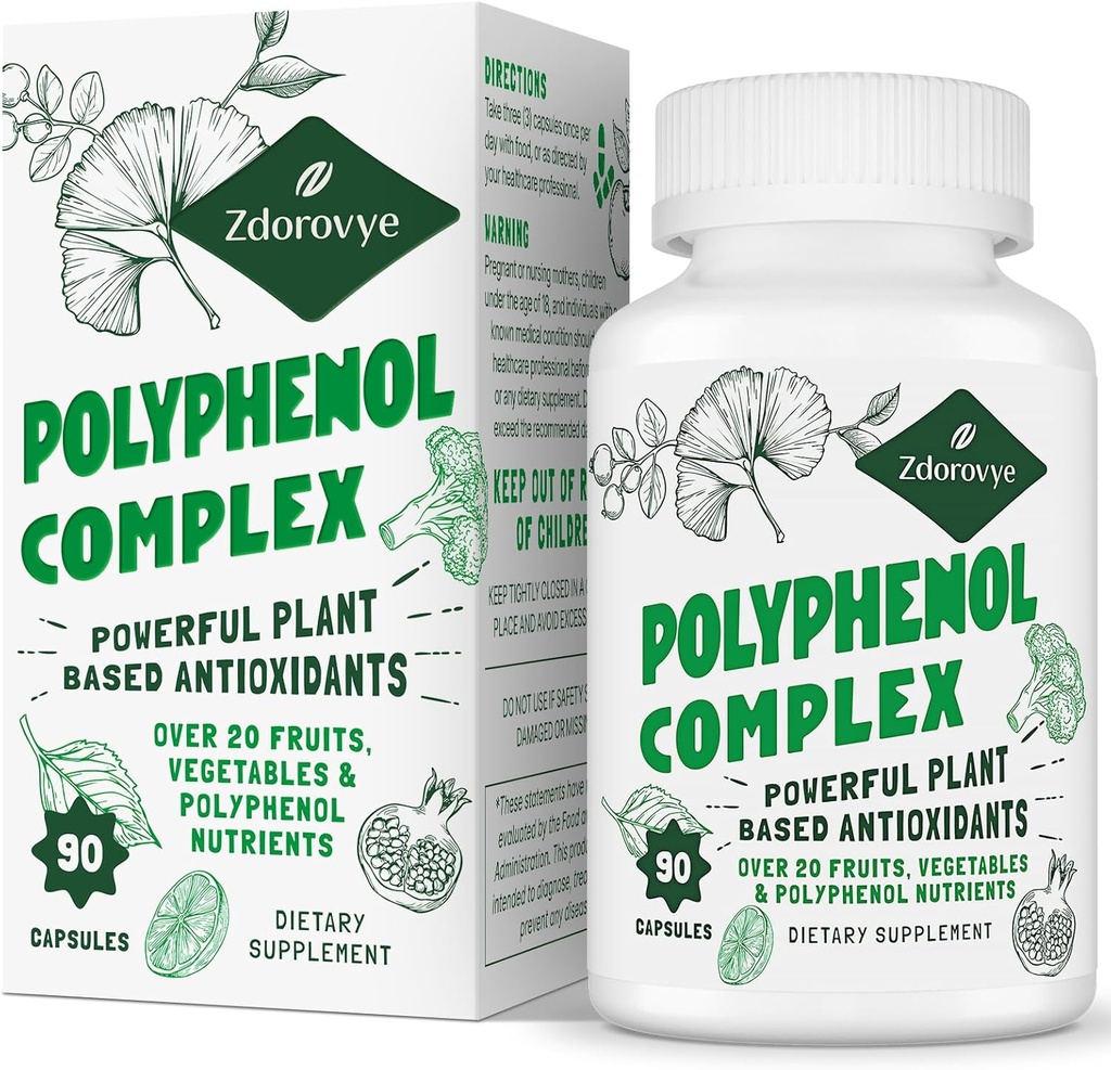 20-in-1 Polifenoli Supliment peste 20 Fructe, Legume si Polifenoli, Antioxidanti Puternici, Querbetin, Resveratrol, Turmeric, Ceai Verde, Polifenoli pentru Age Defense, Energie & Imune, 90 Capsule