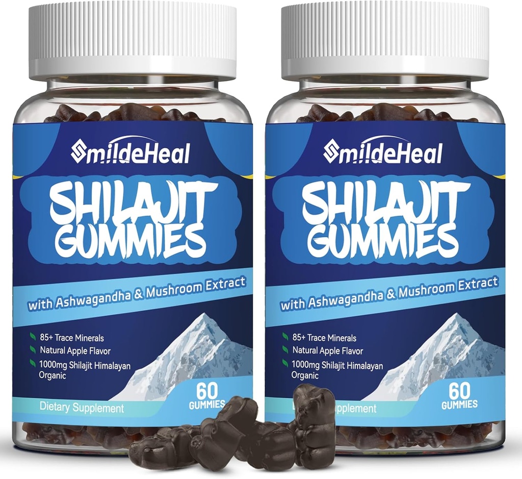Silajit Gummies 1000 MG, Organic Shilajit Supliment, 85+ Trace Minerale, cu Ashwagandha, Mushroom - Energie, Brain, Suport Imunitate, pentru bărbați și femei - 120 Conte