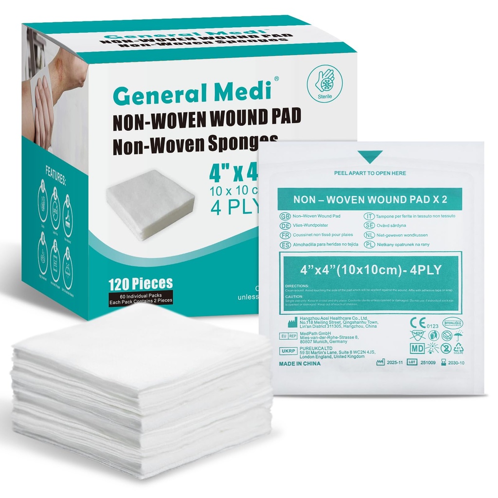 General Medi Steril Sponge-uri de gauze, 4" x 4" Pad-uri de rană non-Woven - Înfăşurate individual Pad-uri de bureți foarte absorbante pentru cushioning răni minore, Cuts & Burns Wound Care (60 Packs, 120 Pieces Total)