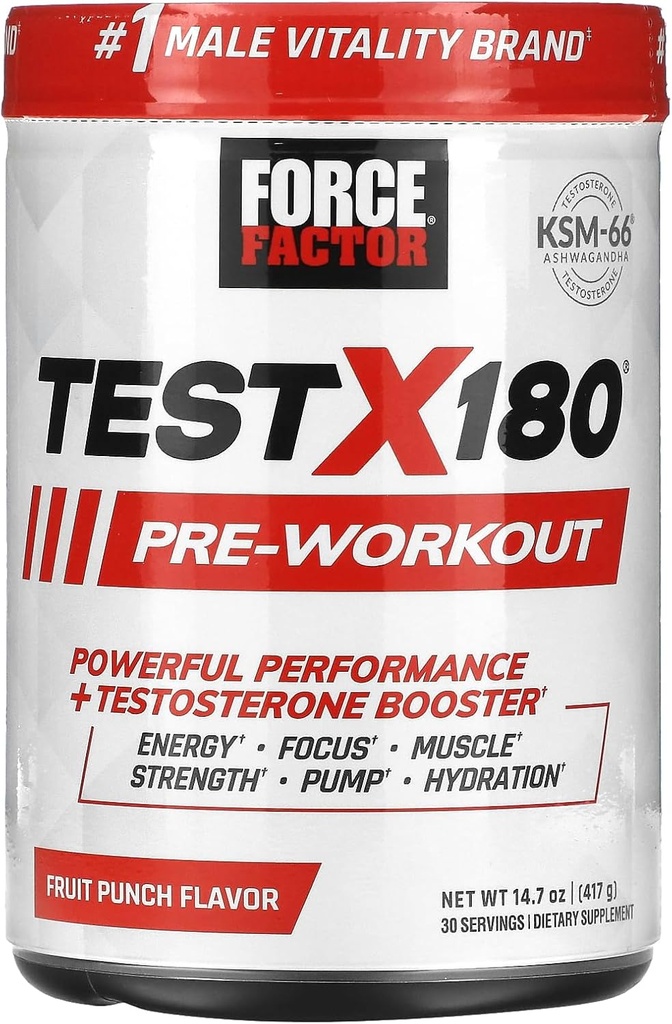 Force FACTOR Test X180 Pre-Workout pulbere & Suplimentul energetic, Boost Focus & Endurance, Constructii musculare & Putere, Nitric Oxid Supliment cu Ashwagandaha & L-Citrulline, Punch de fructe, 30 Serviri