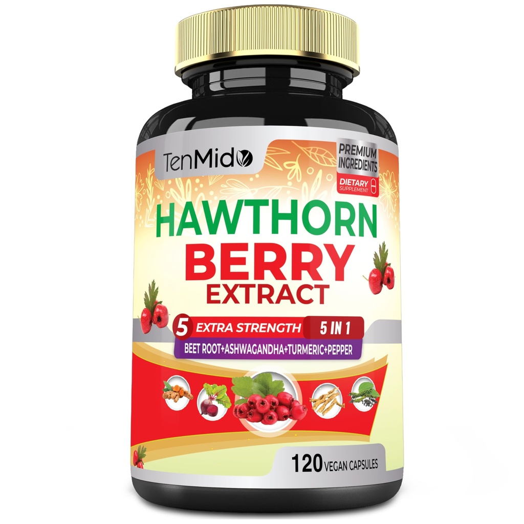 Capsule Extract de Hawthorn Berry - 120 capsule Vegane timp de 4 luni - Root de sfeclă combinată, Ashwagandha, Curcumin Turmeric & Pepper negru