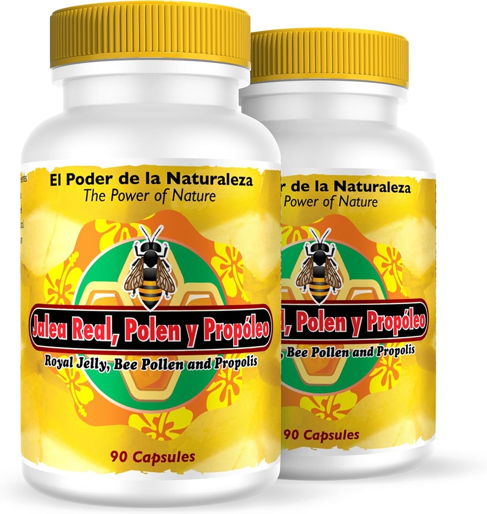 Nutrisalud Products Jalea Real, Polen y Propoleo en UNA sola capsula. Maxima Potencia. Tonico rejuvenedor, energia Natural,.Set de 2 fracscos con 90 caps. c/u.