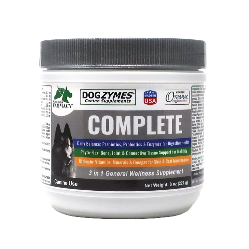 Dogzymes Complete - Probiotice, prebiotice, Glucosamină, Chondroitin, MSM și acid hialuronic, Îngrijirea completă a pielii și a hainelor (8 Ounce)