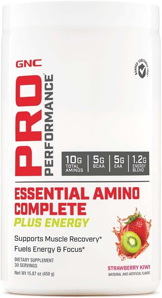 GNC Pro Performance Essential Amino Complete Plus Energie, Suporturi de recuperare musculare, Căpșuni Kiwi, 15,9 oz.