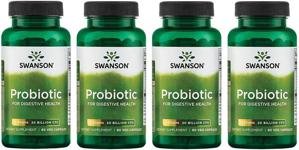 Swanson Probiotic pentru Digestive Health GI Tract Immune Support Travelers Suport 20 Miliarde CFU cu prebiotice FOS 60 Capsule Veggie (4 ambalaj)