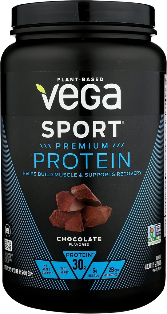 Vega Sport Premium Proteine Powder, Ciocolată, Vegan, 30g Proteină pe bază de plante, 5g BCAAs, Carb scăzut, Fără Zahăr, Keto, lactate gratuit, Gluten gratuit & non-GMO, Proteina de mazăre pentru femei și bărbați, 29,5 Oz