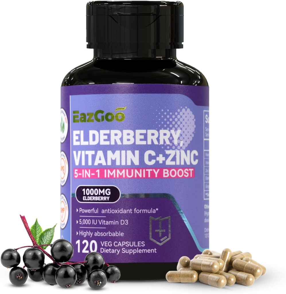 Sambucus Elderberry cu zinc & vitamina C - 5 in 1 Supliment de sprijin imun, non-GMO, 120 capsule vegetariene, 2 luni de aprovizionare