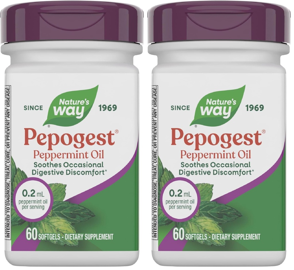 Natura's Way Pepogest Peppermint Oil, Soothes Ocazional Gastrointestinal Discomfort*, 60 Softgels (Pachet de 2)