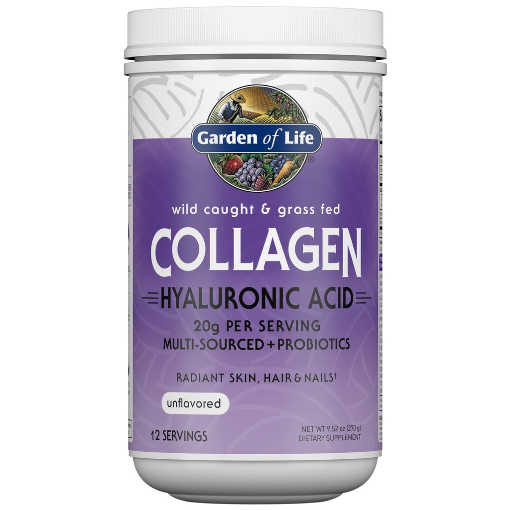 Garden of Life Marine & Grass-Fed Colagen Peptides Powder Supplement (Type I, III) with Probiotics, BCAAs & Hyaluronic Acid for Radiant Hair, Skin & Nails 