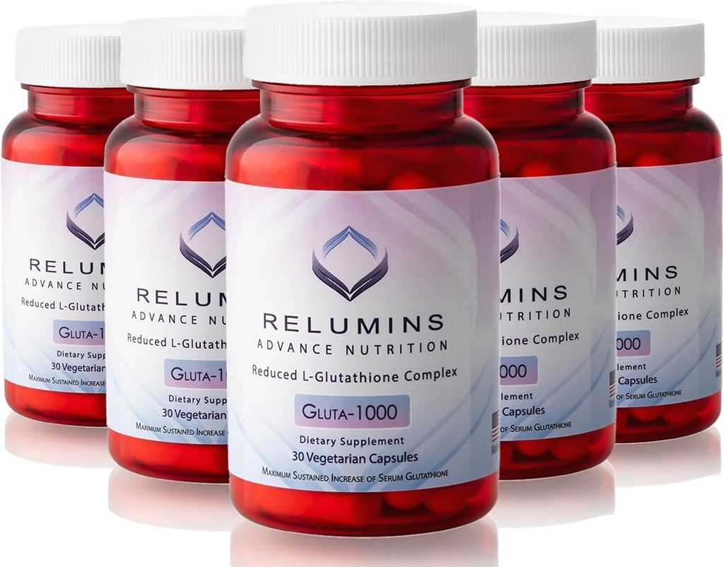 Relumins Advance Nutrition Gluta 1000 - Reducere L-glutatione, Alpha Acid lipoic & Rose HIPS, Suport antioxidant pentru Skin & Global Wellness, Made in USA - 30 Capsule x 5 Flacoane (75-Day Supply)