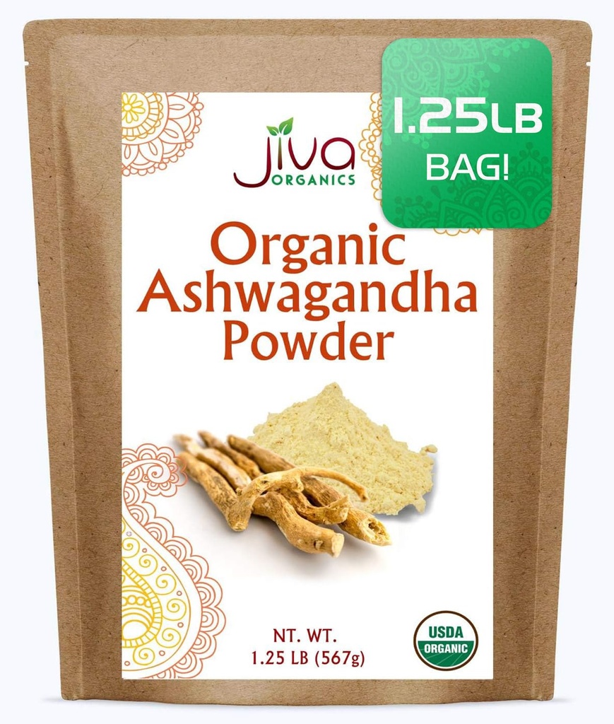 Jiva Organics Ashwagandha Root Powder 1,25 Pound (20oz) - Gluten Free, Indian Ginseng, Raw, Pure, Non-GMO, Lab testat Ayurvedic Indian Powder