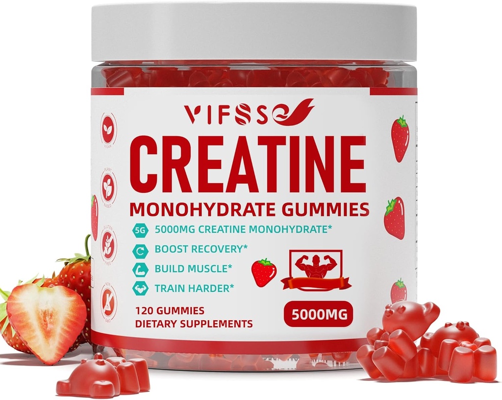 Creatin Monohidrat Gume 5 g pentru bărbaţi şi femei, 120 gume fără zahăr cu 200 Mg magneziu Glicinat, 200 Mg L-Treonat pentru suport muscular, energie Boost