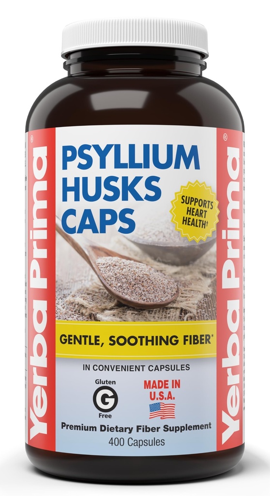 Yerba Prima Psyllium Husks Caps, 625 mg, 400 capsule - Fibra naturala pentru barbati si femei - Supliment de suport pentru regularitate
