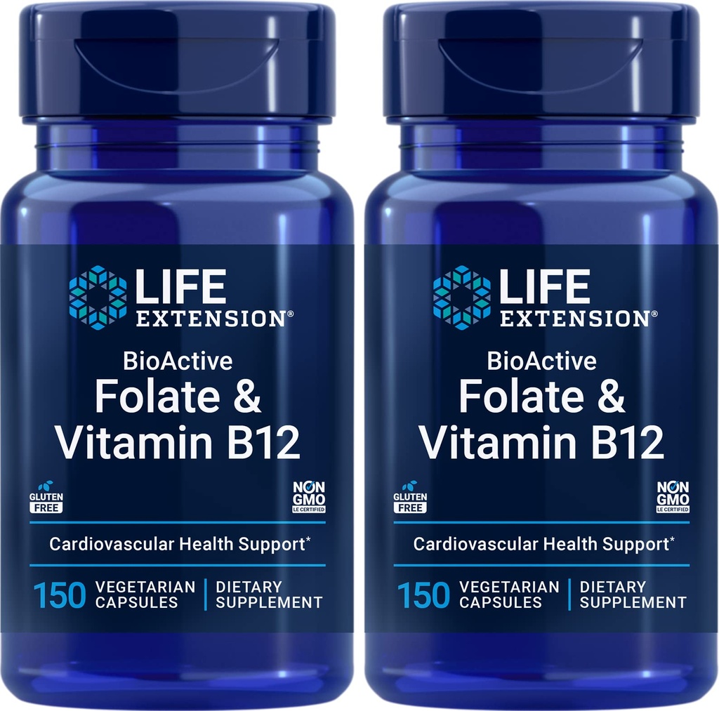 Extensie de viaţă BioActive Folate & Vitamina B12, 150 Capsule vegetariene (Pachet de 2), Non OMG, Gluten gratuit