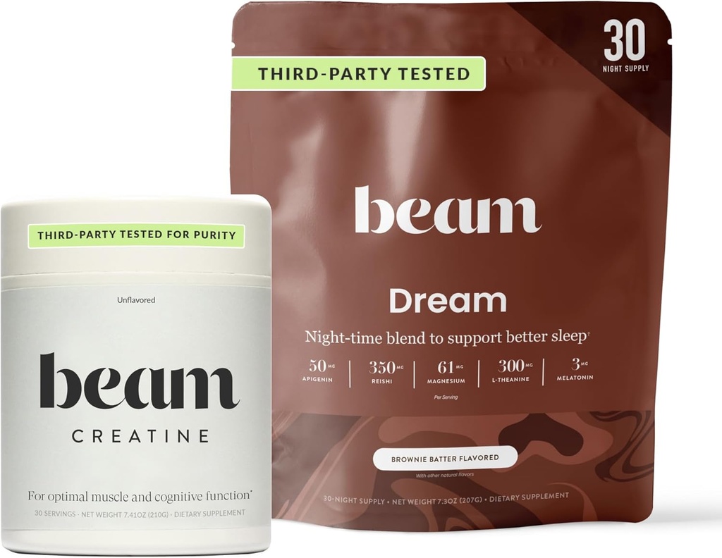 Beam Dream Sleep Powder & Creatine Bundle, Tert Party testat natural Sleep Aid & Recovery Supplement with Micronized Creatin Monohidrat, Unflavored Pure Creatine Powder for Muscle Force, Energy