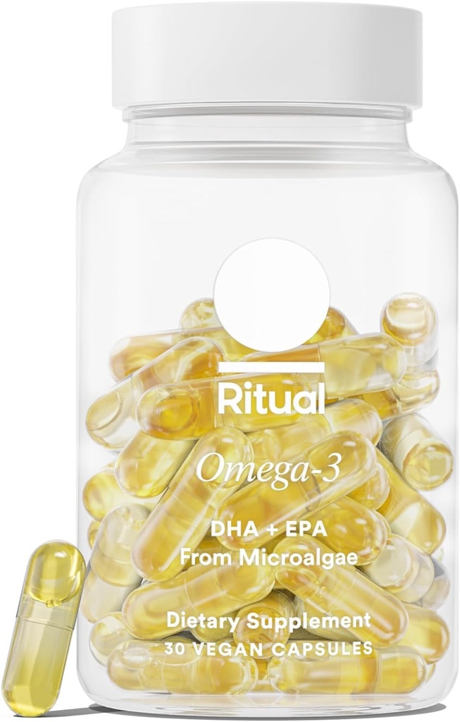 Ritual Omega 3 - Vegan - Stiinta-Backed Doza de DHA & EPA Acidi grasi in 2:1 Ratio, Biodisponibil, Brain and Heart Health Support, Minimal Burp-Back, Sustenabil surse de microalge, 30 zile de aprovizionare