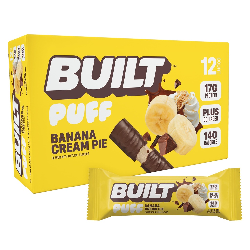 Built Bar, Puff Proteine Bars, Banana Cream Pie Puff, 17g Proteine Snacks, On-The-Go Bars, Numai 140 Calories, 6g Sugar, Colagen, Gluten Free, 12 Count