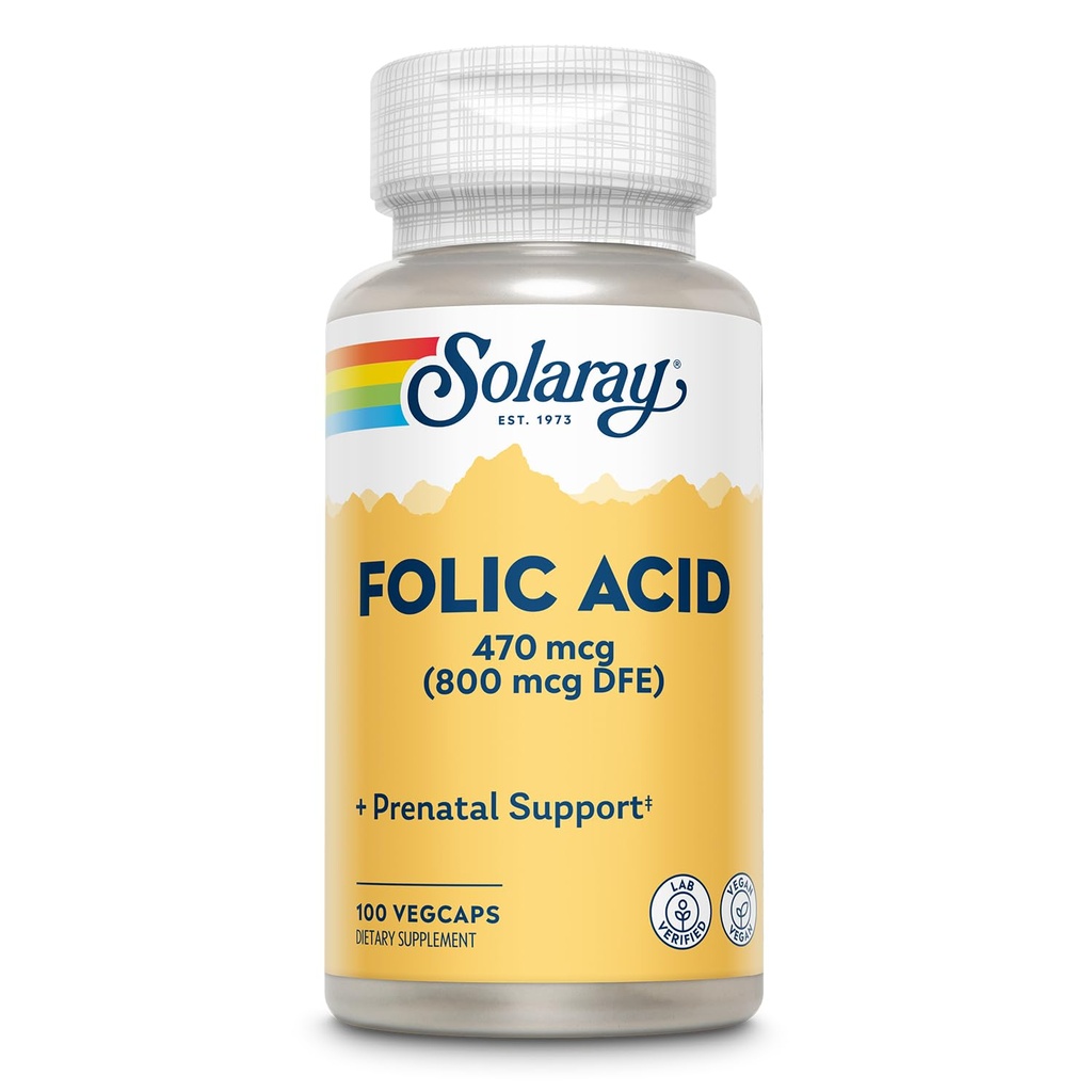 SOLARAY Acid folic - Vitamina B9 Supliment acid folic, Vitamina prenatala - Suport pentru dezvoltarea celulelor sangelui - Vegan, Lab Verified, 60-Day Garantie - 100 Serviri, 100 VegCaps