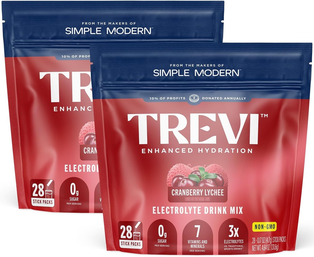 Electroliţi fără zahăr TREVITM - Pachete cu pulbere de hidratare pentru băuturi - 56 Count - Cranberry Lychee