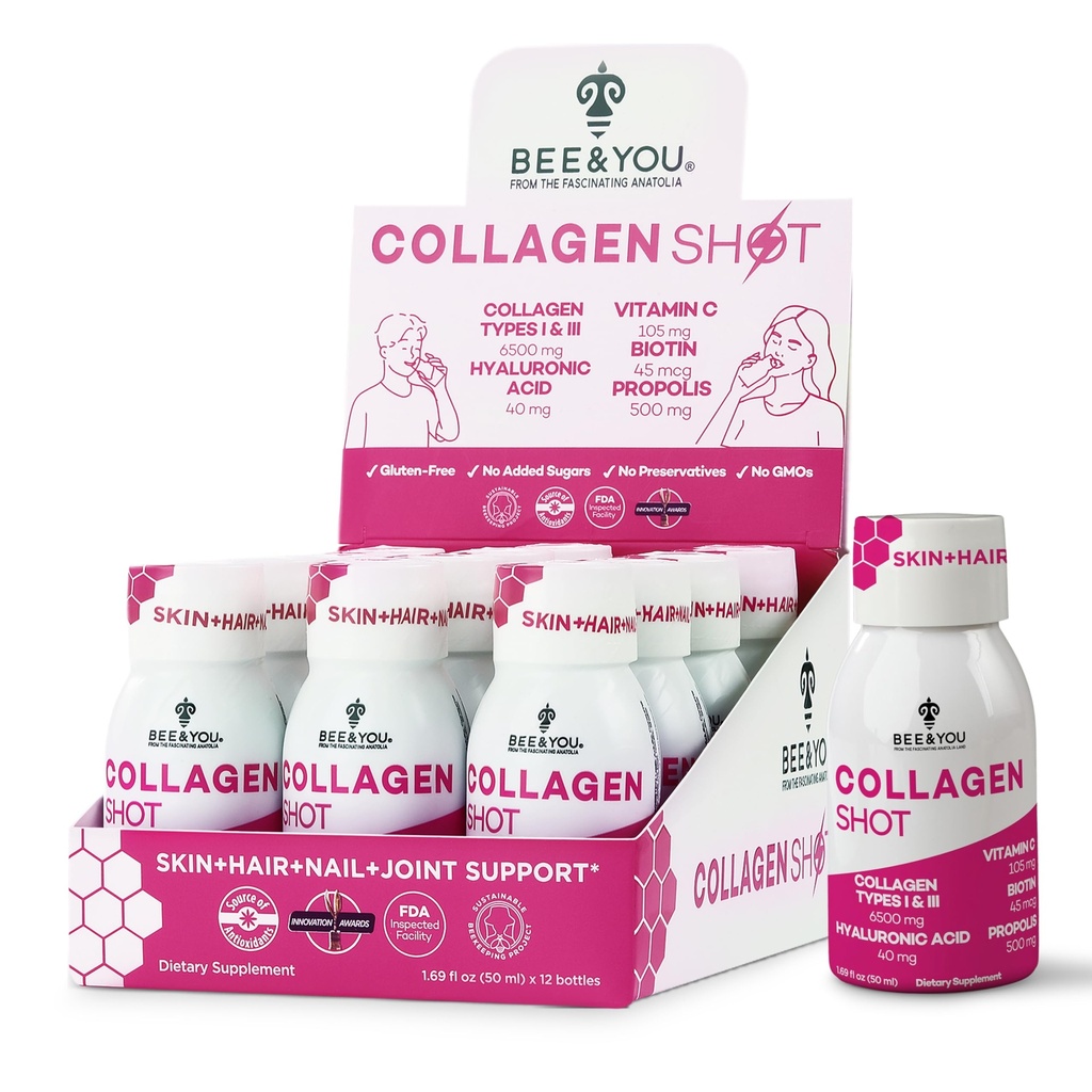 Bee and You Colagen Liquid Shot Bea cu vitamina C, Extract de propolis, Acid hialuronic, Biotin, Promovează pielea, parul, unghie și sănătatea articulară, 1.69 fl. Oz x 12 Pack
