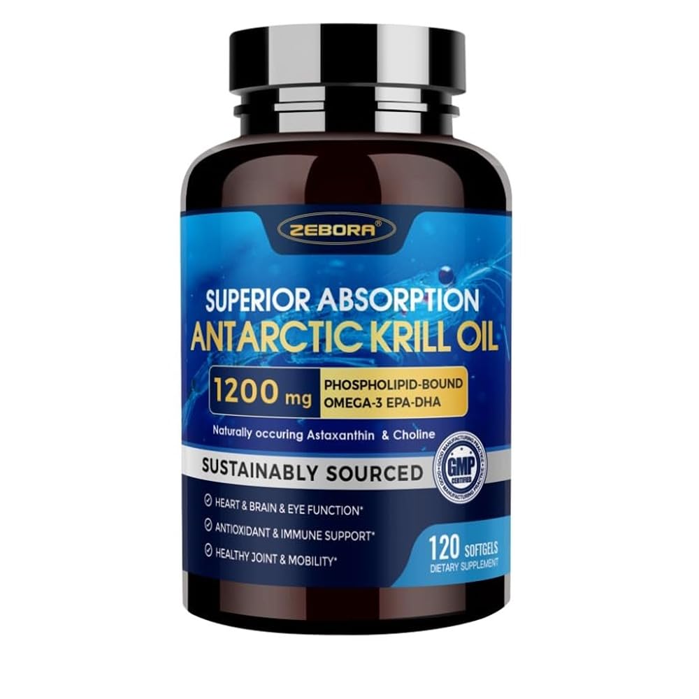Krill Oil 1200 mg Omega 3 Supliment, Krill Olega 3 cu EPA de înaltă absorbţie, DHA, Astaxantină & Fosfolipide, Suporturi Heart & Joint Health, Fără gust de peşte - 120 Softgels (60 Servings)