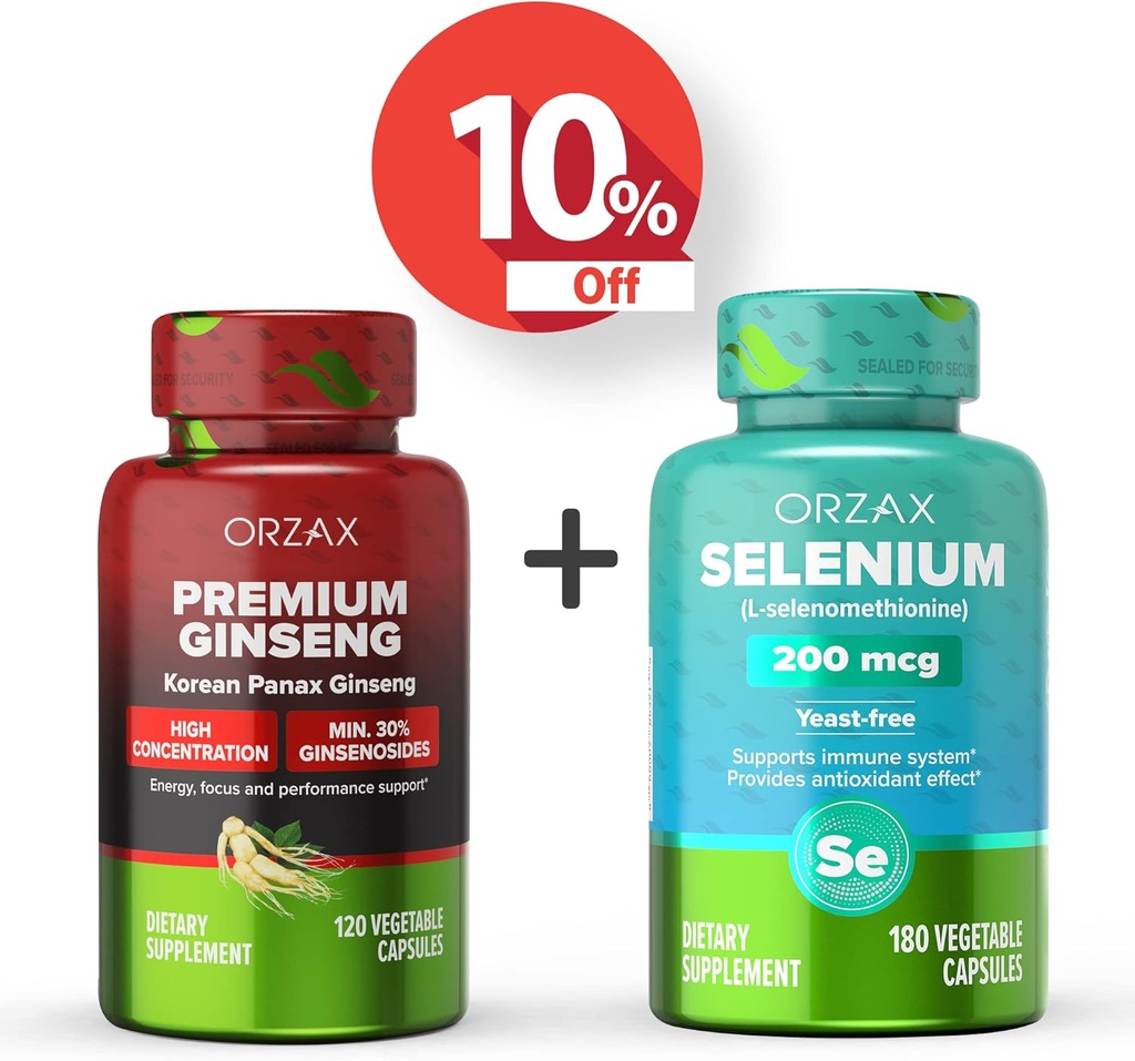 Orzax Premium Ginseng 120 Capsule Vegatable şi Seleniu 200 Mg 180 Capsule Vegatable, Bundle